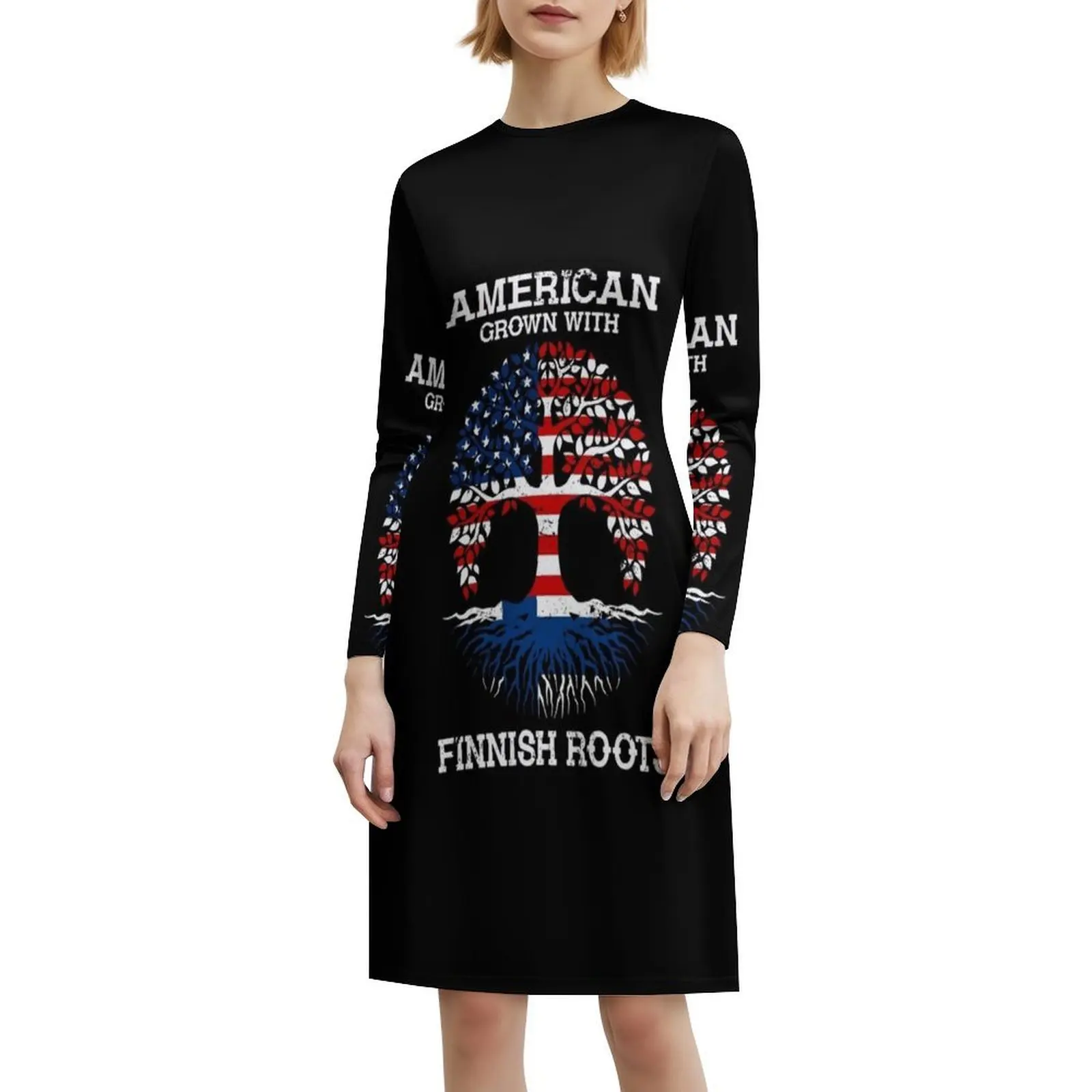 فستان كاجوال على الطراز الكوري الأمريكيين من فنلندا للنساء، فساتين بسيطة يومية للمكتب للسيدات، فنلندا، علم الدولة الفنلندية #6