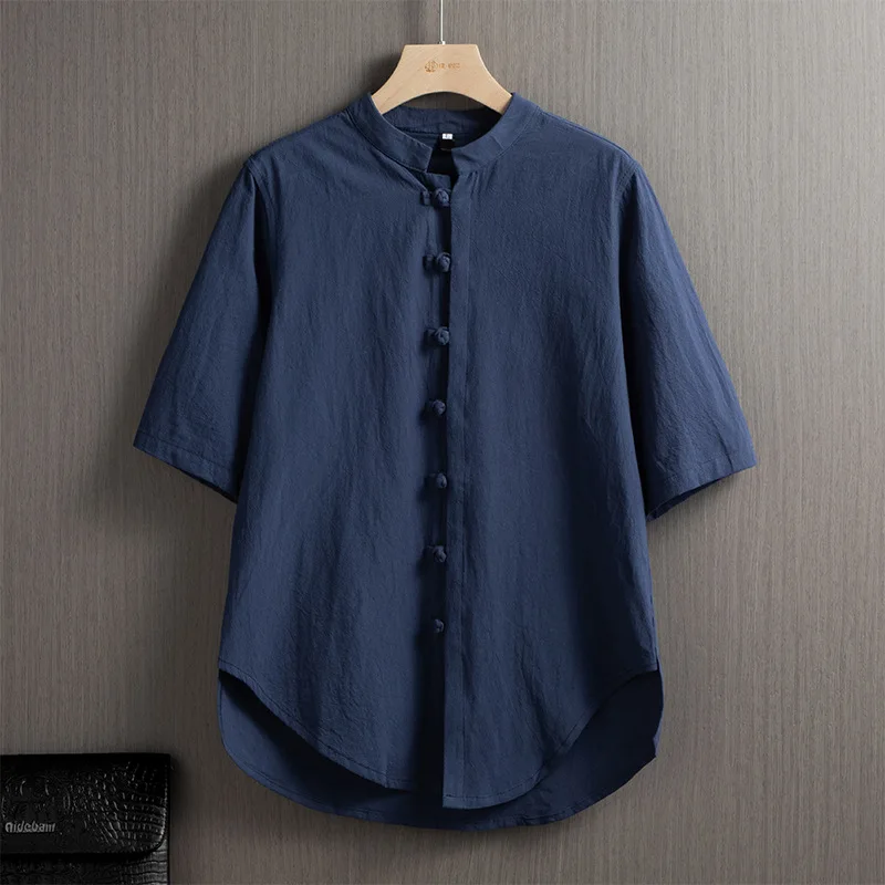 Camicia a maniche corte in stile cinese per uomo Hanfu in lino di cotone retrò con chiusura a bottoni tradizionale orientale Abito Kung Fu CN-195