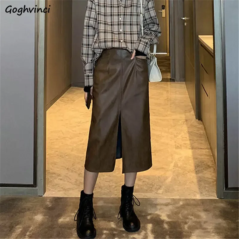 

PU Midi Skirts Women Vintage High Waist Elegant Slit Design Autumn Gentle Korean Style Mujer Simple All-match Fashion Streetwear