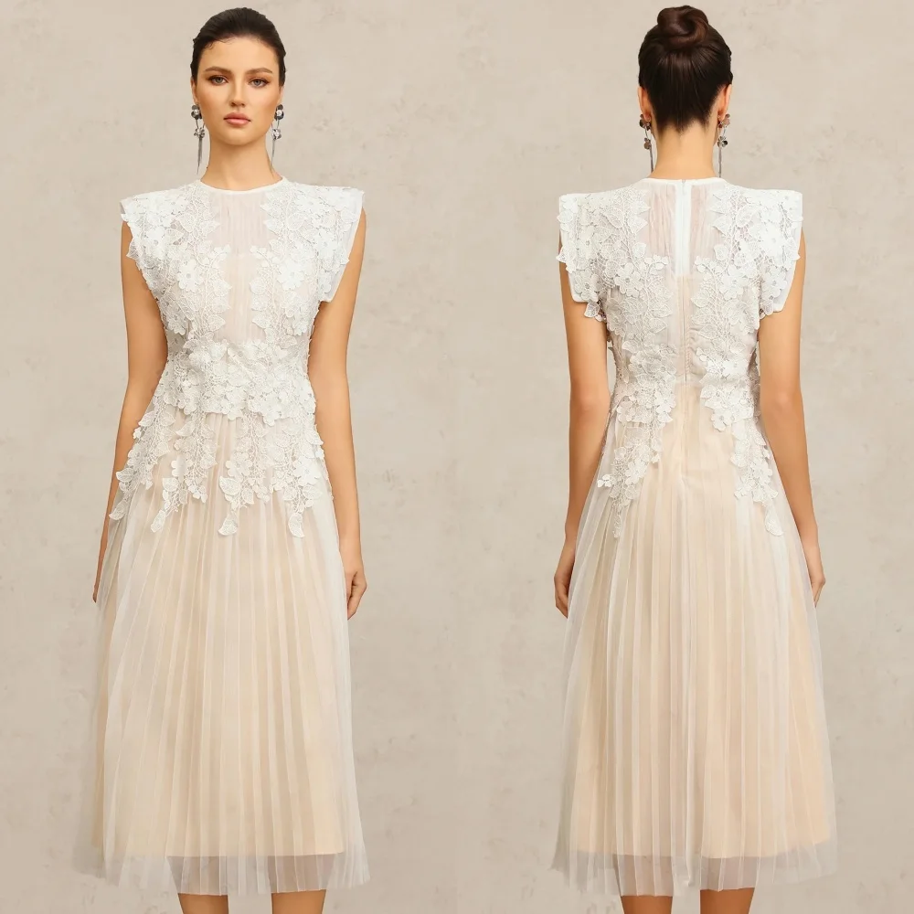 

Customized Elegant Fashion Tulle Applique Pleat Straight Scoop Neck Tea Length Dresses Bespoke Occasion Dresses Modern Style