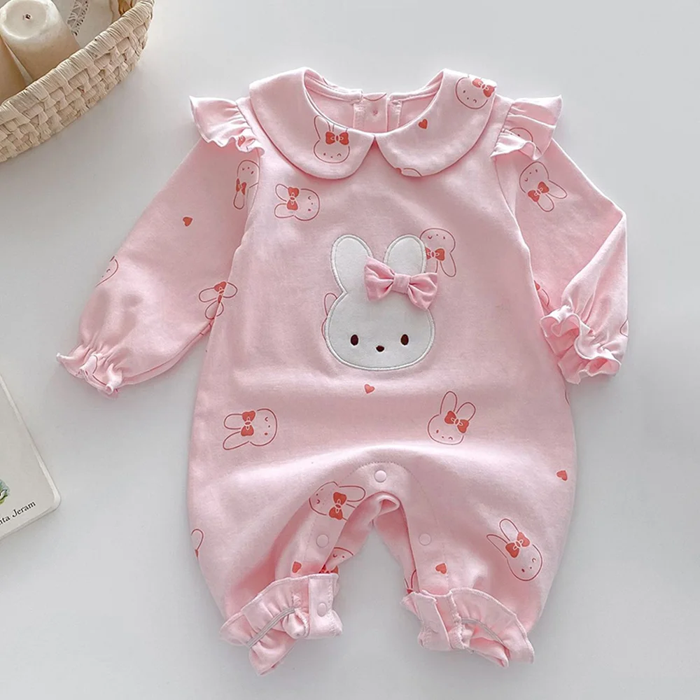 Baby Rompers Long Sleeve Cotton Cute Animal  Print Peter Pan Collar Infant Jumpsuit Princess 1st Birthday Baby Girls Clothes