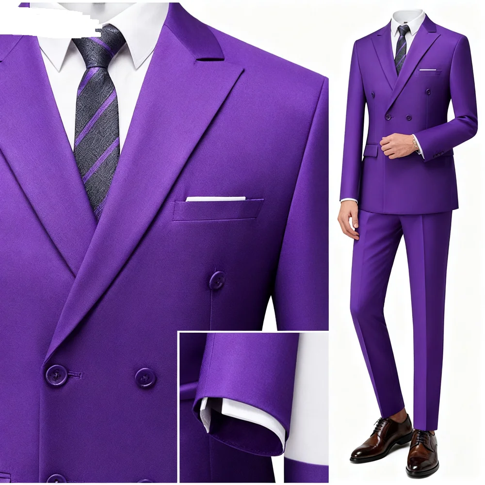 

Solid Man Double-breasted 2 Piece Outfit Set Peak Lapel Wedding Business Casual Stage Costume Graduation Suit