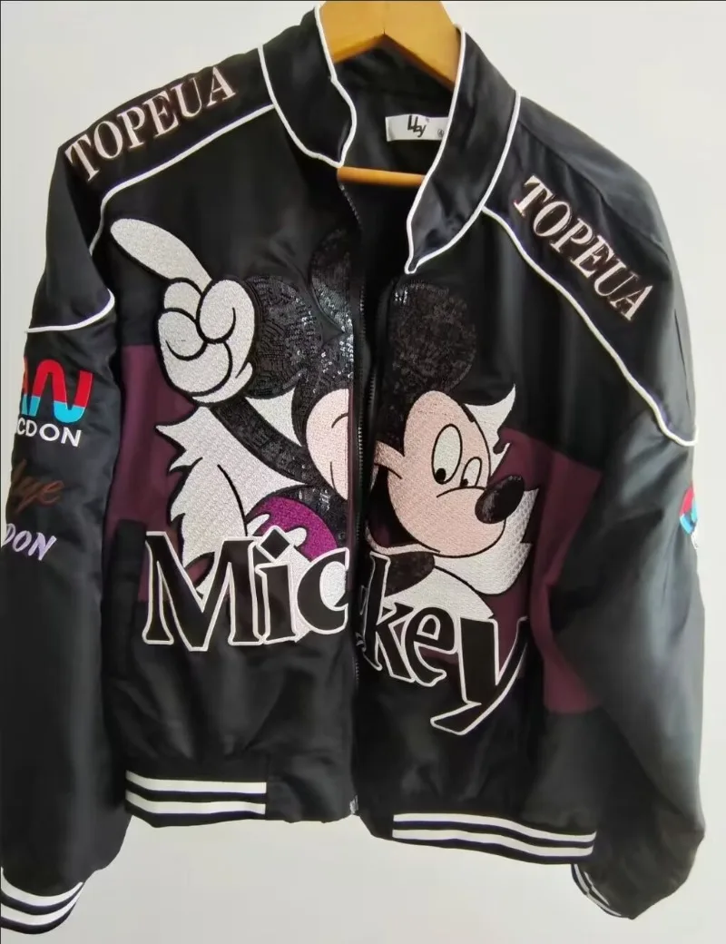 Europeu de alta qualidade primavera outono nova mickey carta bordado jaqueta para mulheres estilo universitário lantejoulas dos desenhos animados roupas femininas