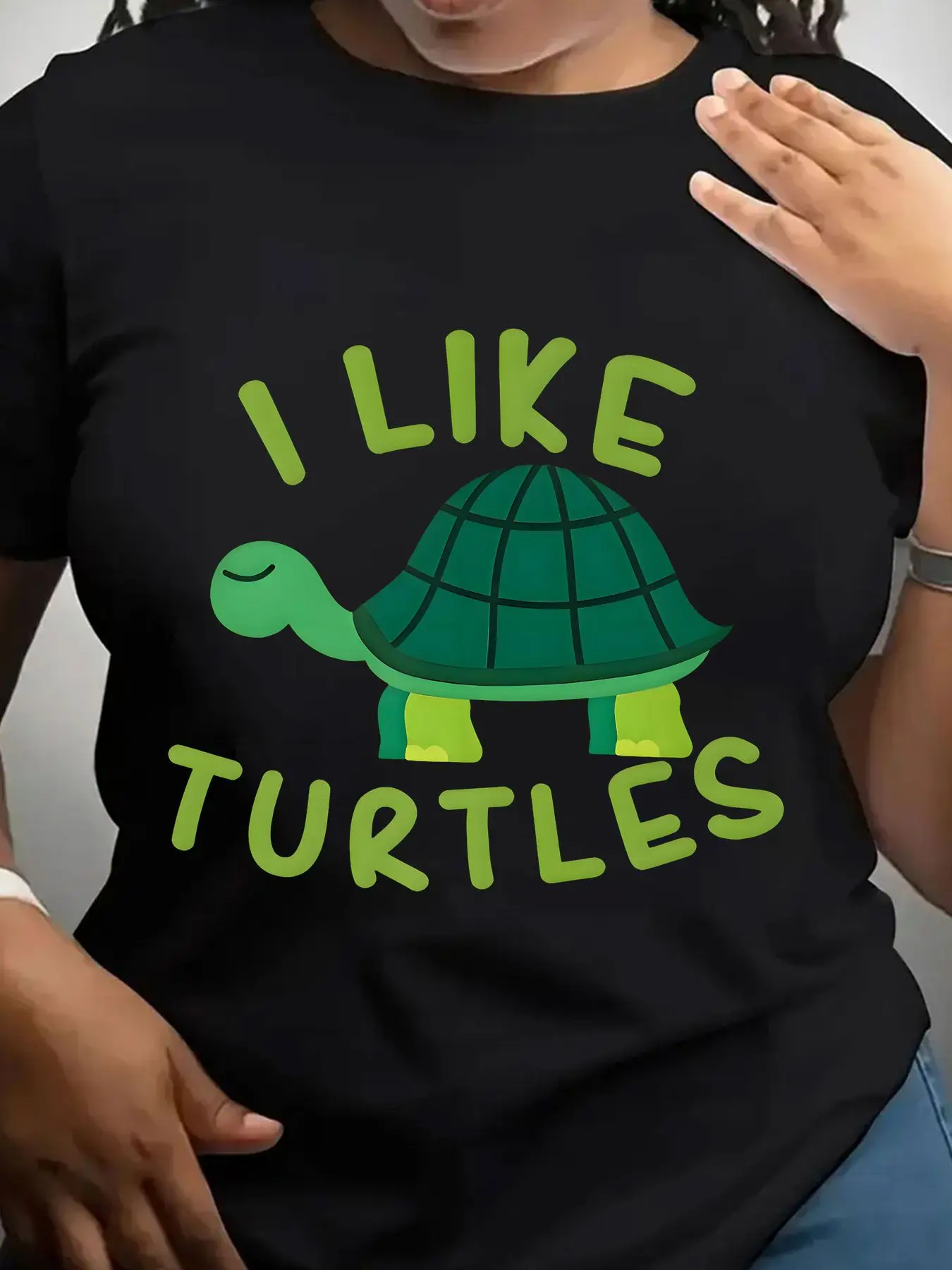 Women's Trendy Crew Neck T-Shirt I Like Turtles Graphic Print Suitable for Casual Sportswear
