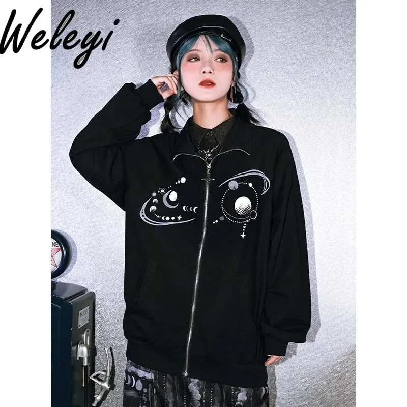 

Black Casual Gothic Zipper Hoodies Cardigan Womans Clothing Spring and Autumn New Cute Versatile Printed Long Sleeved Loose Coat