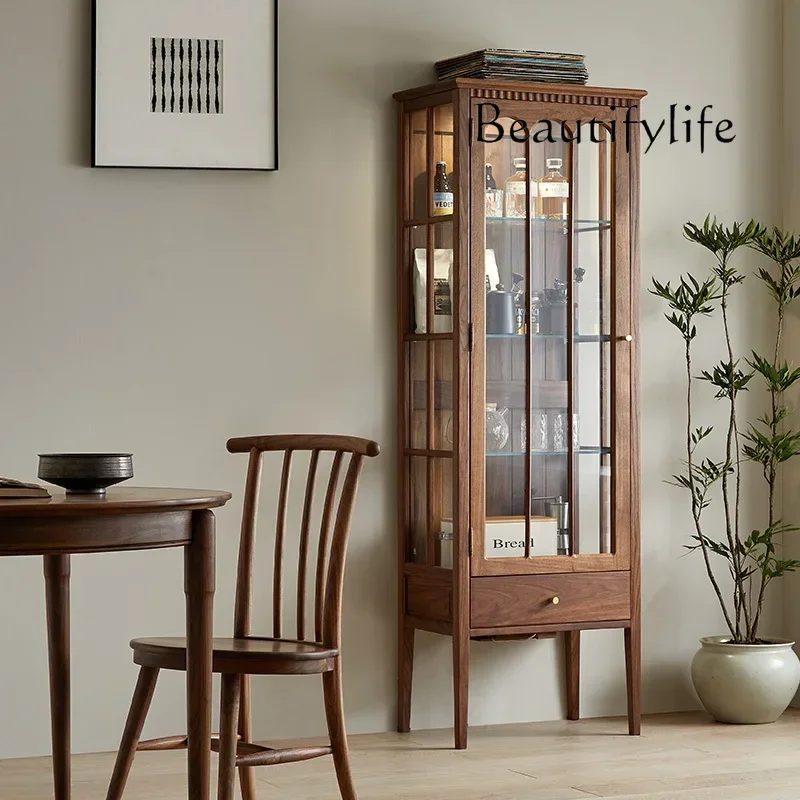 

North American Black Walnut Retro Wine Cabinet Living Room Display Cabinet Tableware Cup Saucer Locker Glass Cabinet with Light