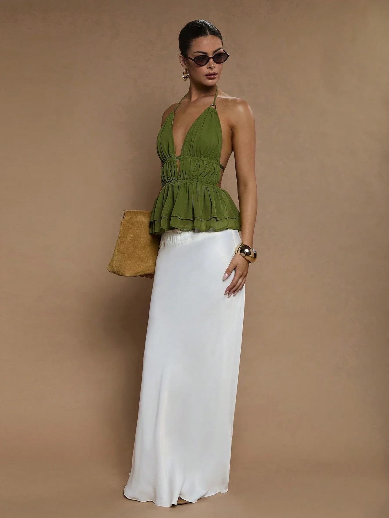 

Женский однотонный топ без рукавов с воротником-халтером и пэплумом, летний, повседневный