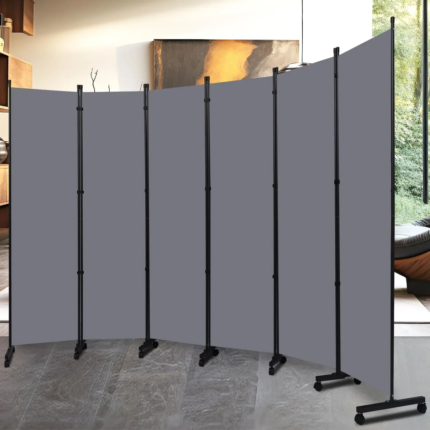 Room Divider 6 Panel-132''Wide Folding Privacy Screen, Large Partition Wall | Brake-equipped Wheels & Anti-Slip, Portable Fabric