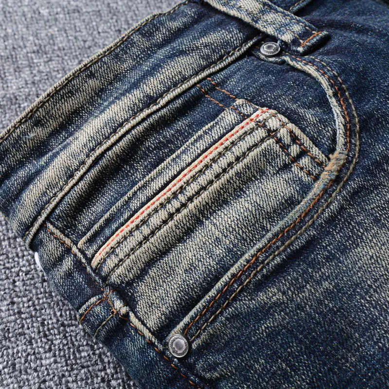 Newly Designer Fashion Men Jeans High Quality Retro Black Blue Stretch Slim Fit Ripped Jeans Men Embroidery Vintage Denim Pants