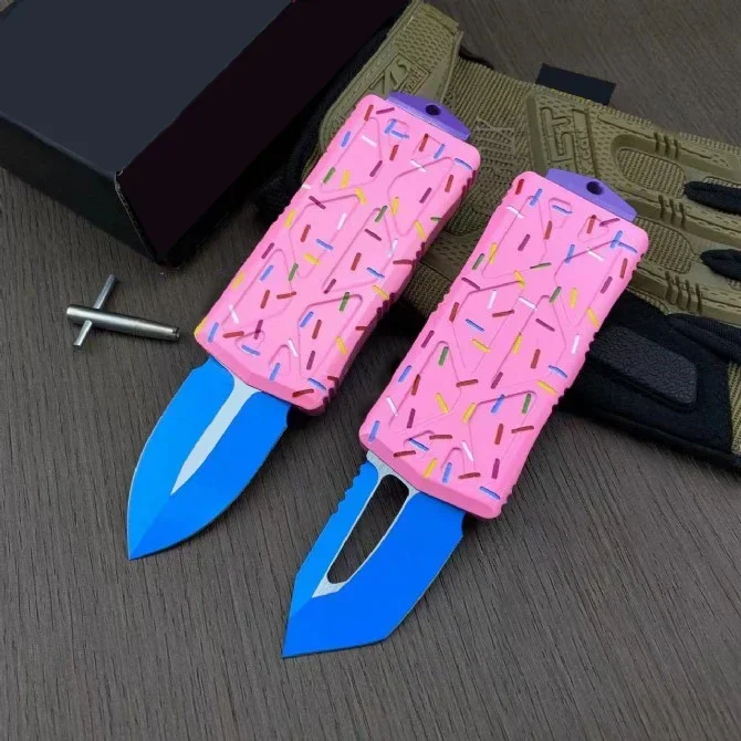 Mini Pink Donut EXOCET Knife Jedi Knight Dual Action D2 Blade T6-6061 Aluminum Handle Tactical Pocket EDC Survival Tool Knives