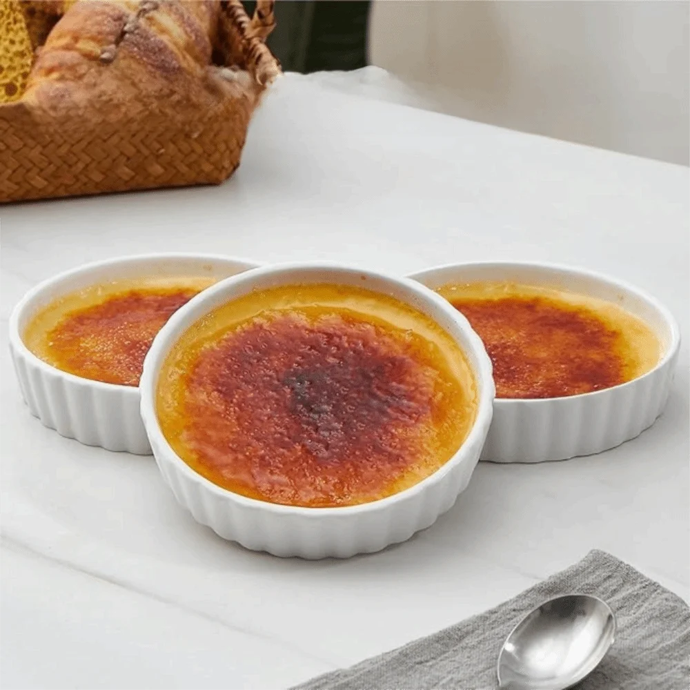Recipiente para hornear en la cocina, crema de cerámica Brulee Ramekins, platos redondos de soufflé blanco, bandeja para hornear pasteles poco profundos, horno, 6 uds.
