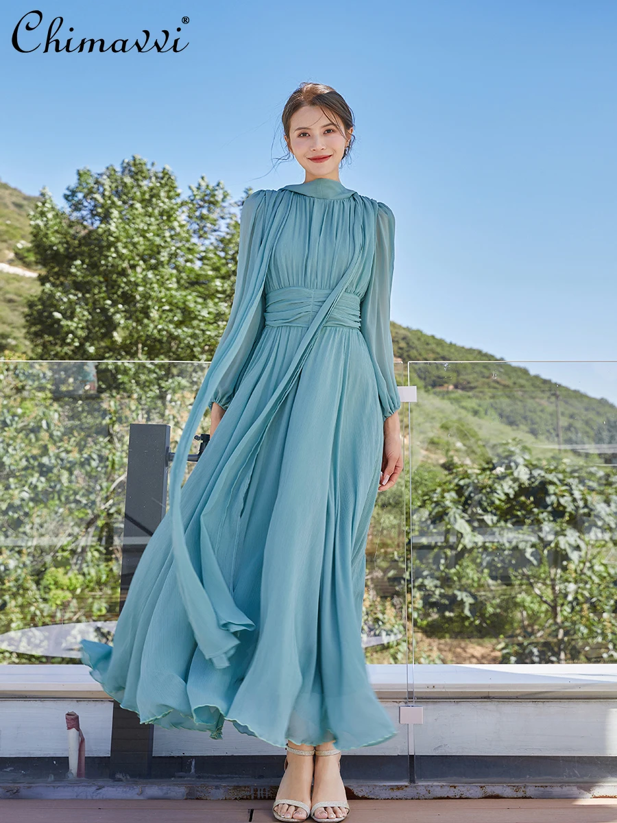 

Vacation Style Waist-Tight Sunscreen Long Sleeve Dress 2024 Summer New Fashion Round Neck Elegant Fairy Style Maxi Dress Women