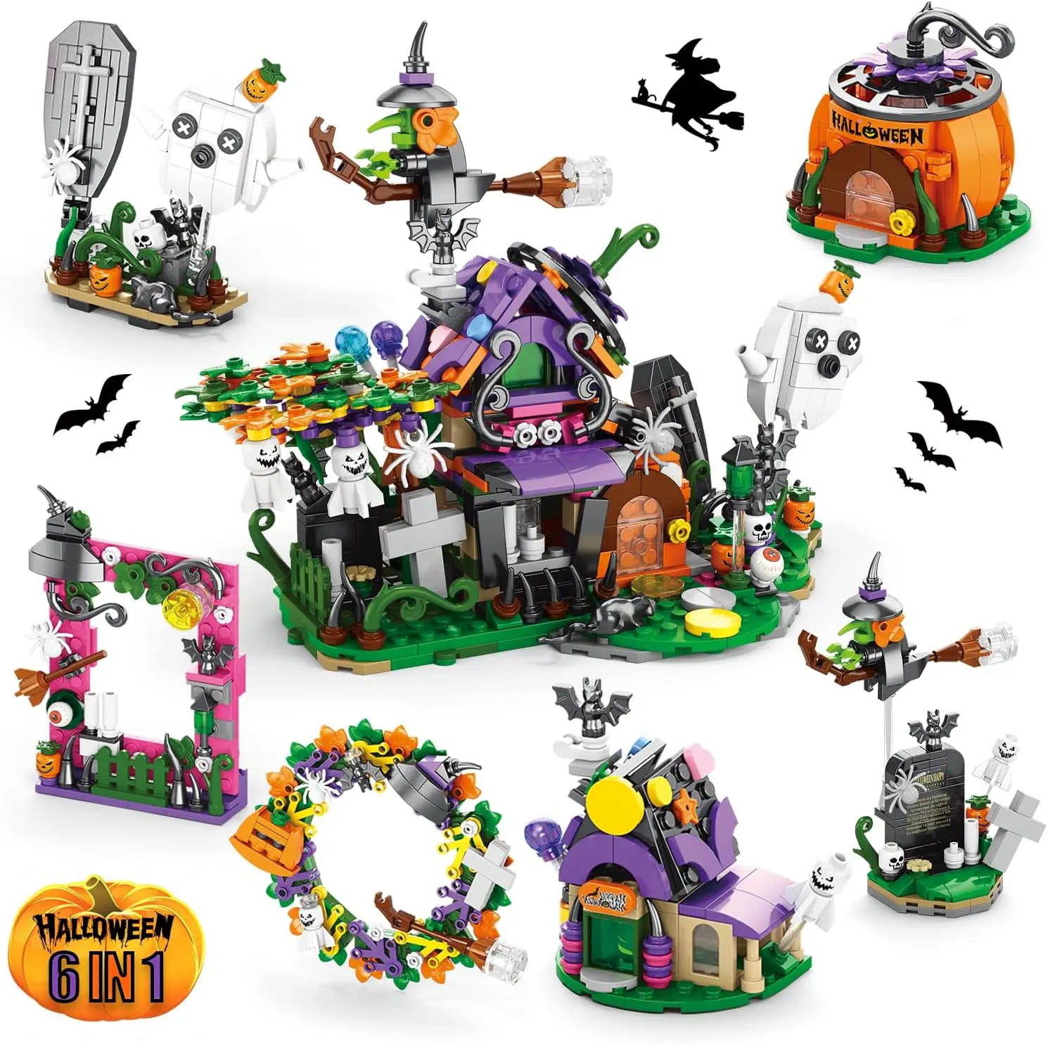 6IN1 Halloween Haunted House Building Set, 6 Nightmare Before Christmas Stacking Block-Candy House-Ghost Vampire-Pumpkin-Frame