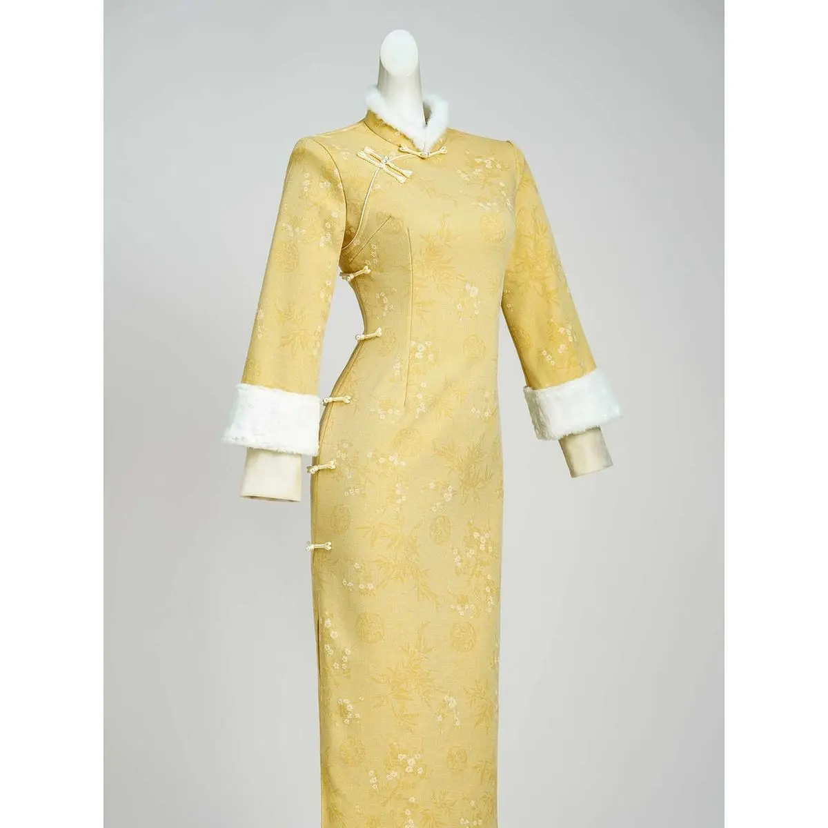 

Chinese Princess Style Qipao Dress Yellow Jacquard Vestidos Improved Chesongam Women Elegant Autumn Winter New Hanfu Robe