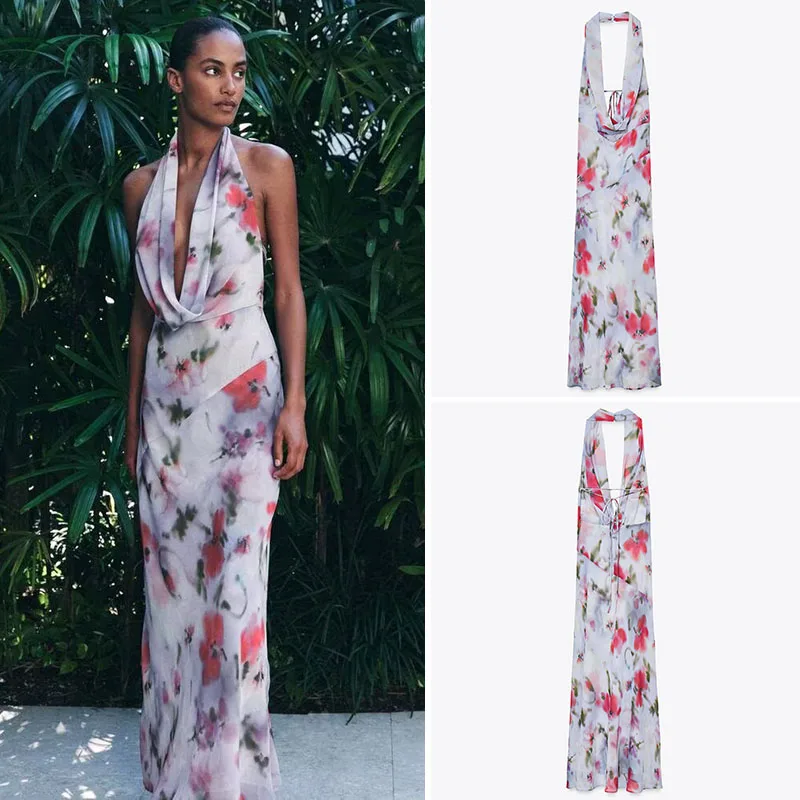 Letnia nowość: damska sukienka midi Dr ZA2025 z kwiatowym nadrukiem, kołnierzykiem, w stylu streetwear, długa, wyszczuplająca sukienka dla kobiet.