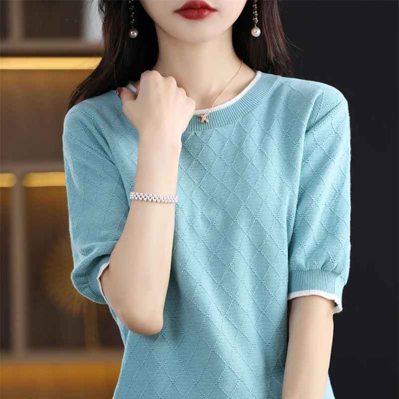 2023 summer new cotton T-shirt women\'s casual pullover knitted sweater short-sleeved round-neck T-shirt color-blocking top