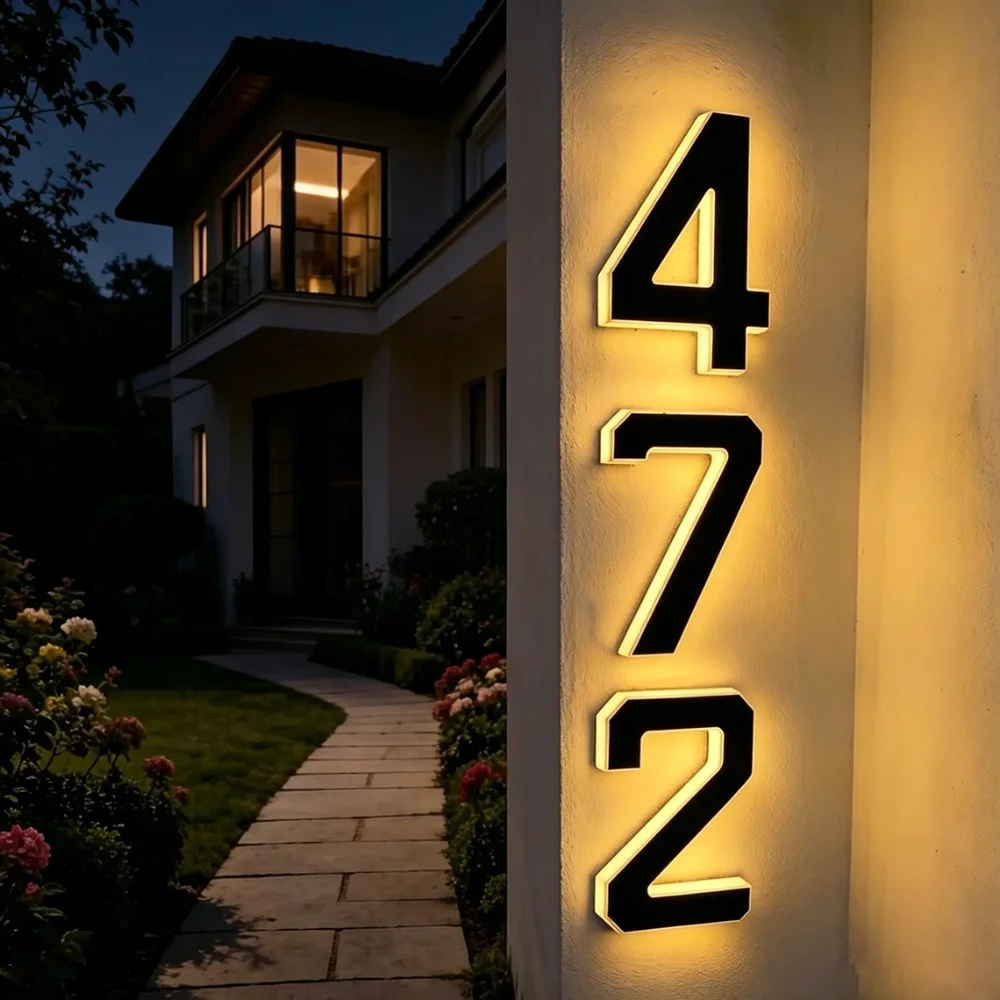 

Solar Powered LED House Numbers Sign Outdoor Illuminated Warm White Address Plaque Modern House Numbers Mailbox Number