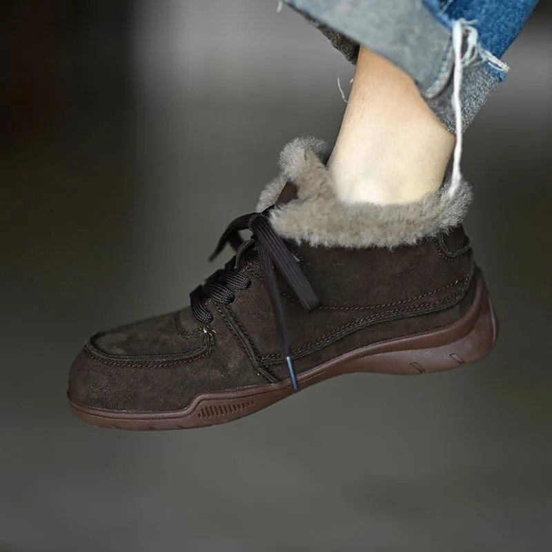 

2025 Winter Fur Women's Ankle Boots Round Toe Lace-up Warm Female Shoes Comfortable Low Heeled Snow Boots Phoentin FT4307