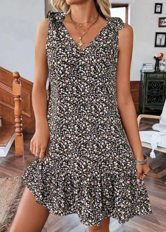 

2026 Spring/summer New Fashion Casual Women's Elegant Sexy V-Neck Bow Floral Vest Dress Female Clothing