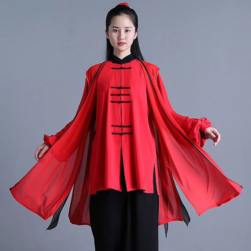 Custom Red Tai Chi Suit for Women – Flowy Pearl Cotton &Sheer Scarf Set, Frog Button Performance Uniform, 2-Piece & 3-Piece Opt