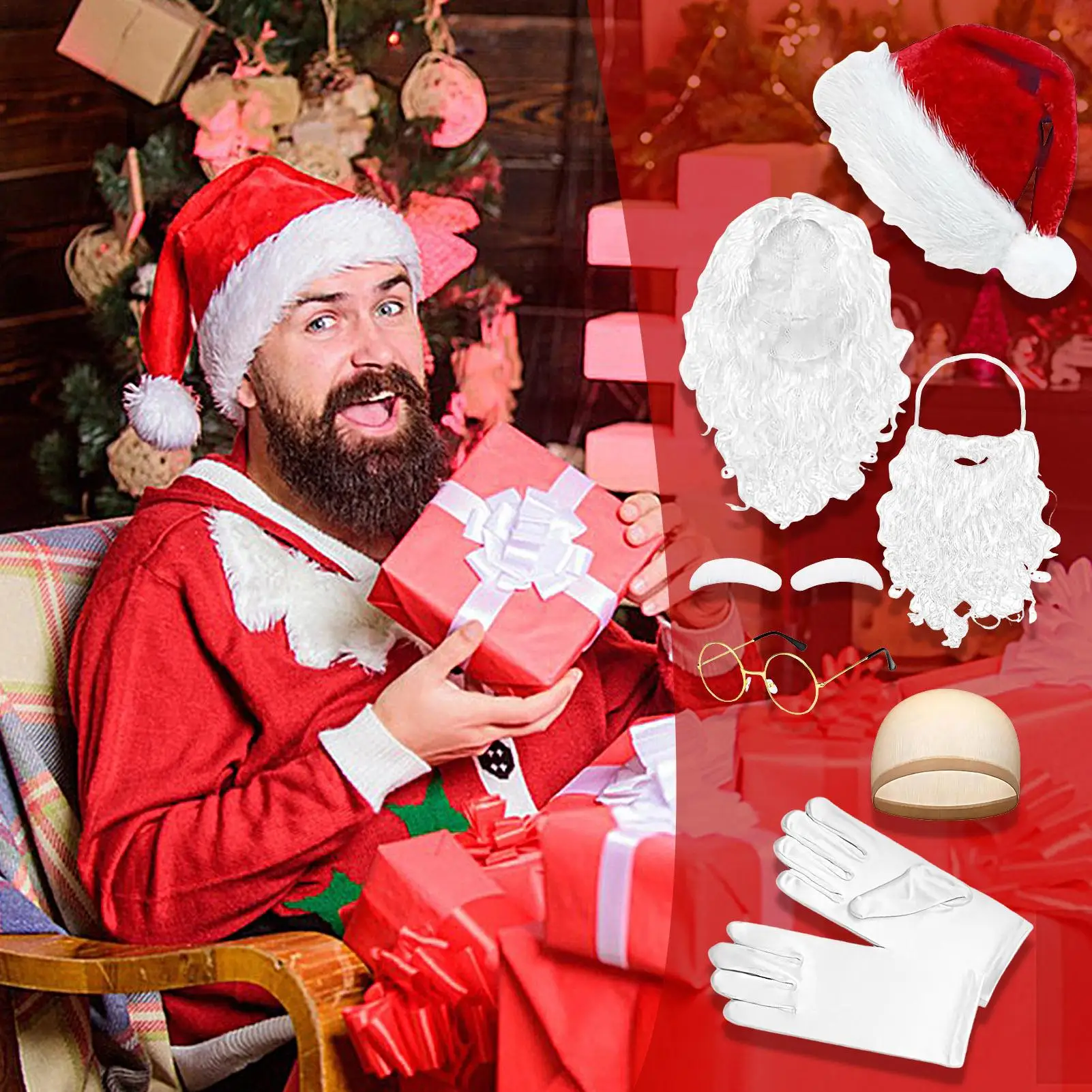 

Набор бороды и парика Санта-Клауса, рождественский костюм для косплея, аксессуары для вечеринки, рождественские принадлежности для косплея, включая парик для бороды, брови
