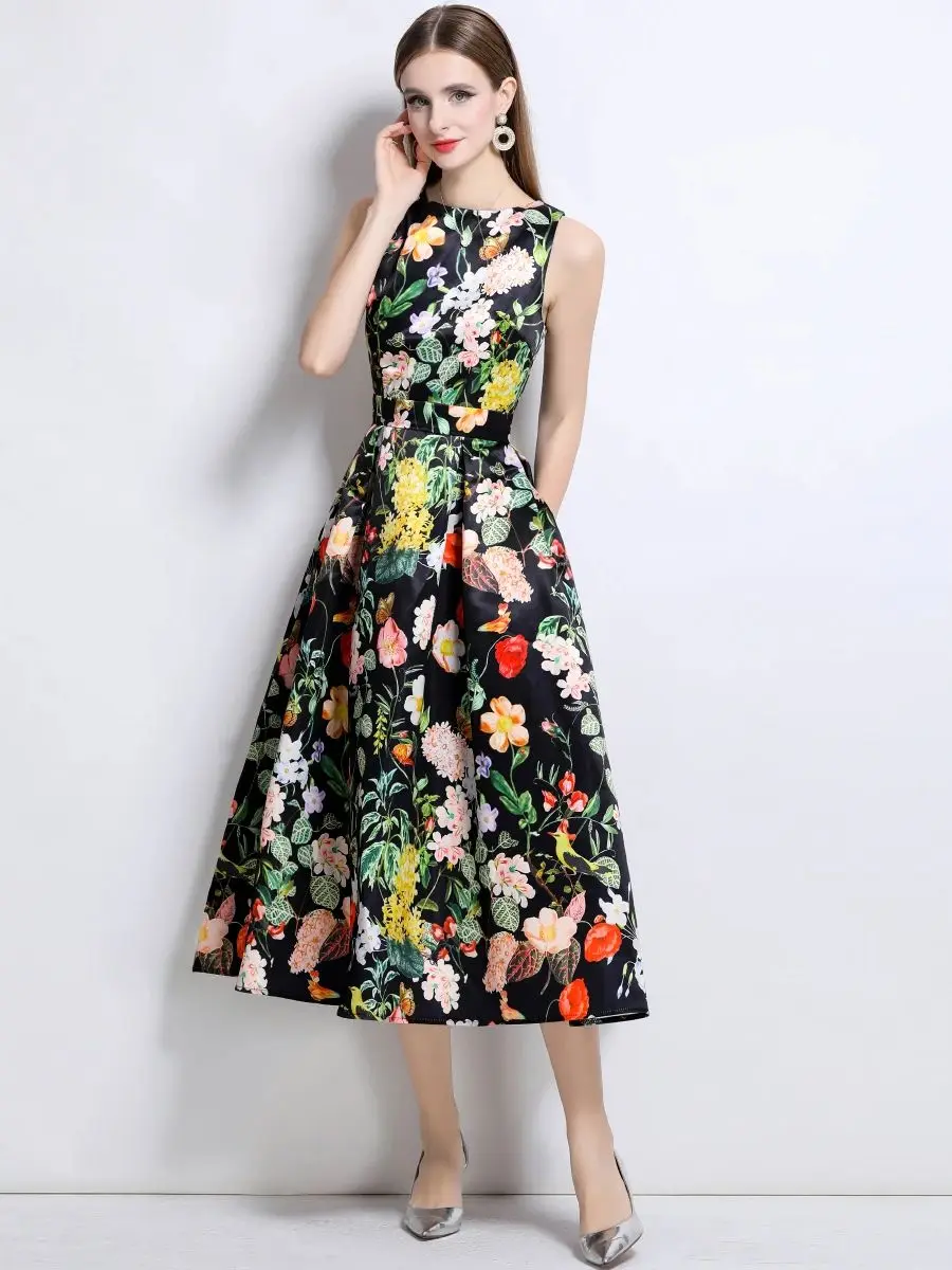 loral stampato senza maniche abiti a vita alta donna ritaglio stereoscopico a vita abito longuette a trapezio estate nuova moda