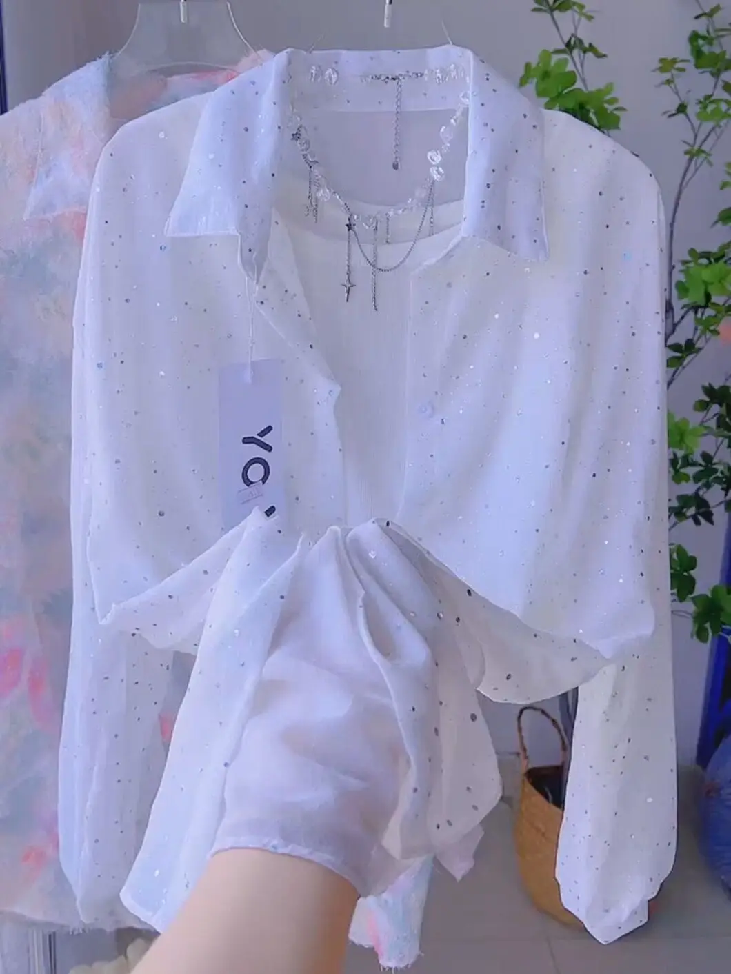 Summer 2024 Women's  Collar Thin Sun Protection irt Loose Casual Glitter Top Cardigan Outerwear Korean Sle Polyester