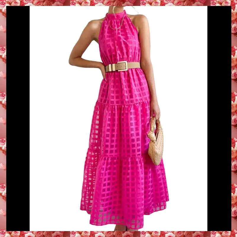 فستان نسائي صيفي طويل منقوش عليه زهور بدون أكمام ورقبة رسن وحاشية مكشكشة فساتين بوهو طويلة مع حزام