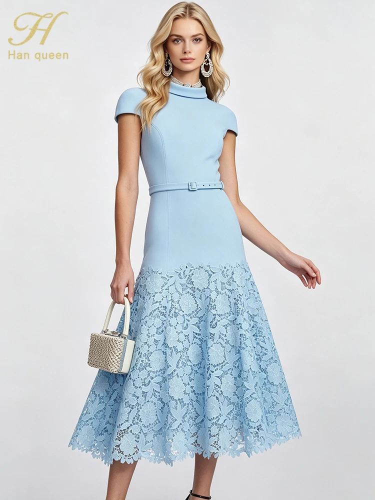 H Han Queen Summer Holiday Prom Long Mermaid Dress High Waist Lace Splicing Women Luxury Short Sleeved Casual Office Dresses