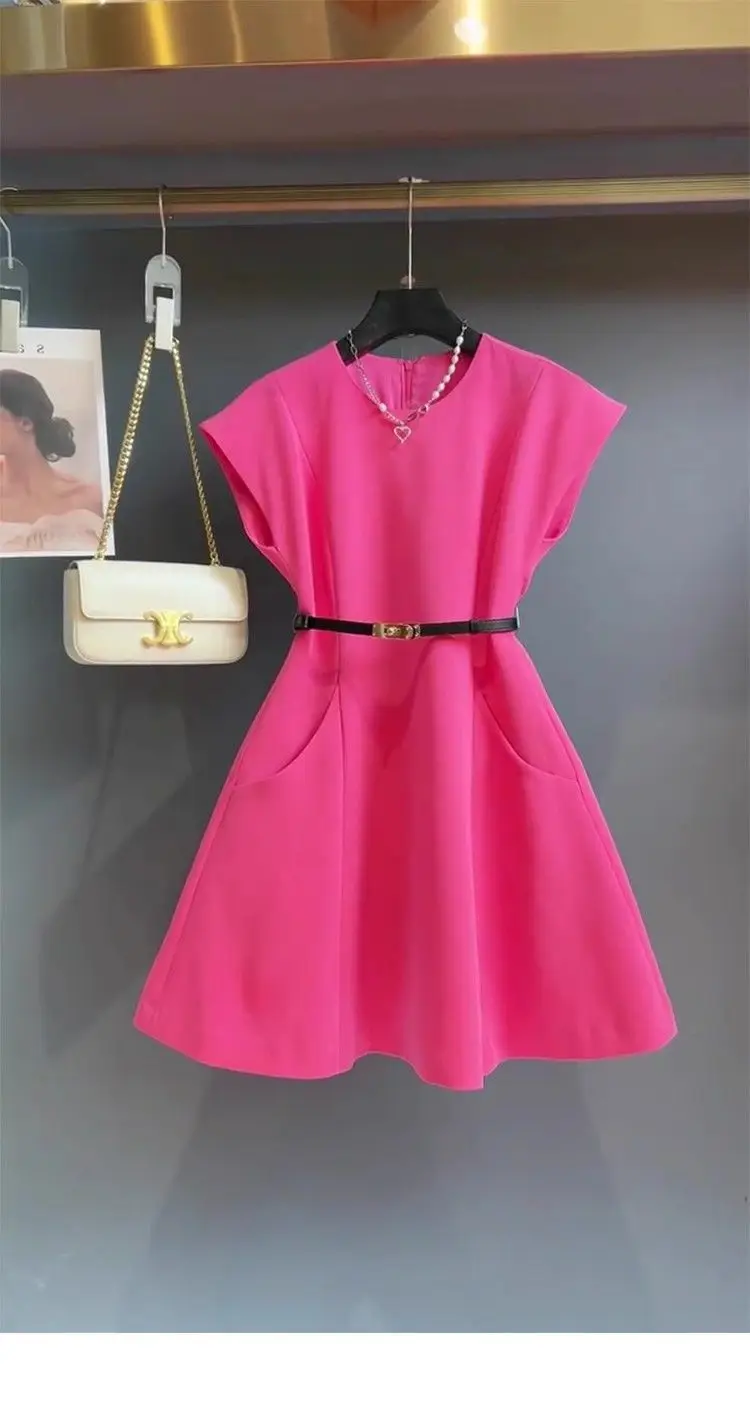 Spring and Summer Rose Red Dress Korean Version New Fashionable and Casual Unique Waist Cinching Elegant Women's Dress