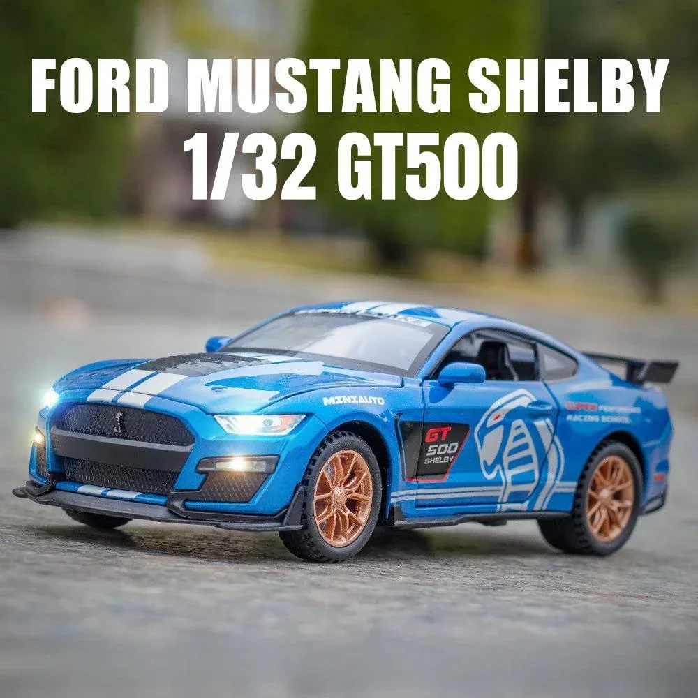 1/32 Ford Shelby GT500 GT350 Toy Car For Children Diecast Metal Miniature Model Pull Back Sound & Light Collection Gift Kid Boys