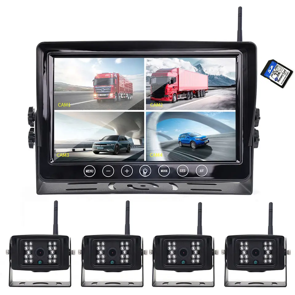 Wholesale High Quality Wide Angle 12V 24V Wireless Car Backup Security 4 Camera System with Monitor for Bus Heavy Duty Truck Van