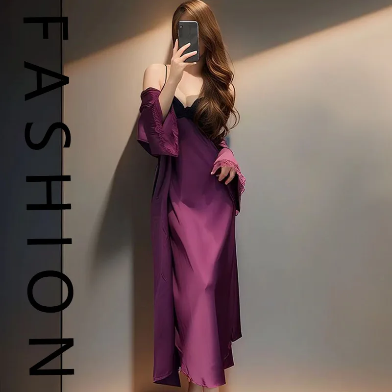 

Сексуальная женская пижама из ледяного шелка, тонкий стиль с накладкой на грудь, длинный стиль, бретелька выше колена, одежда для отдыха с чистым желанием, французские подтяжки