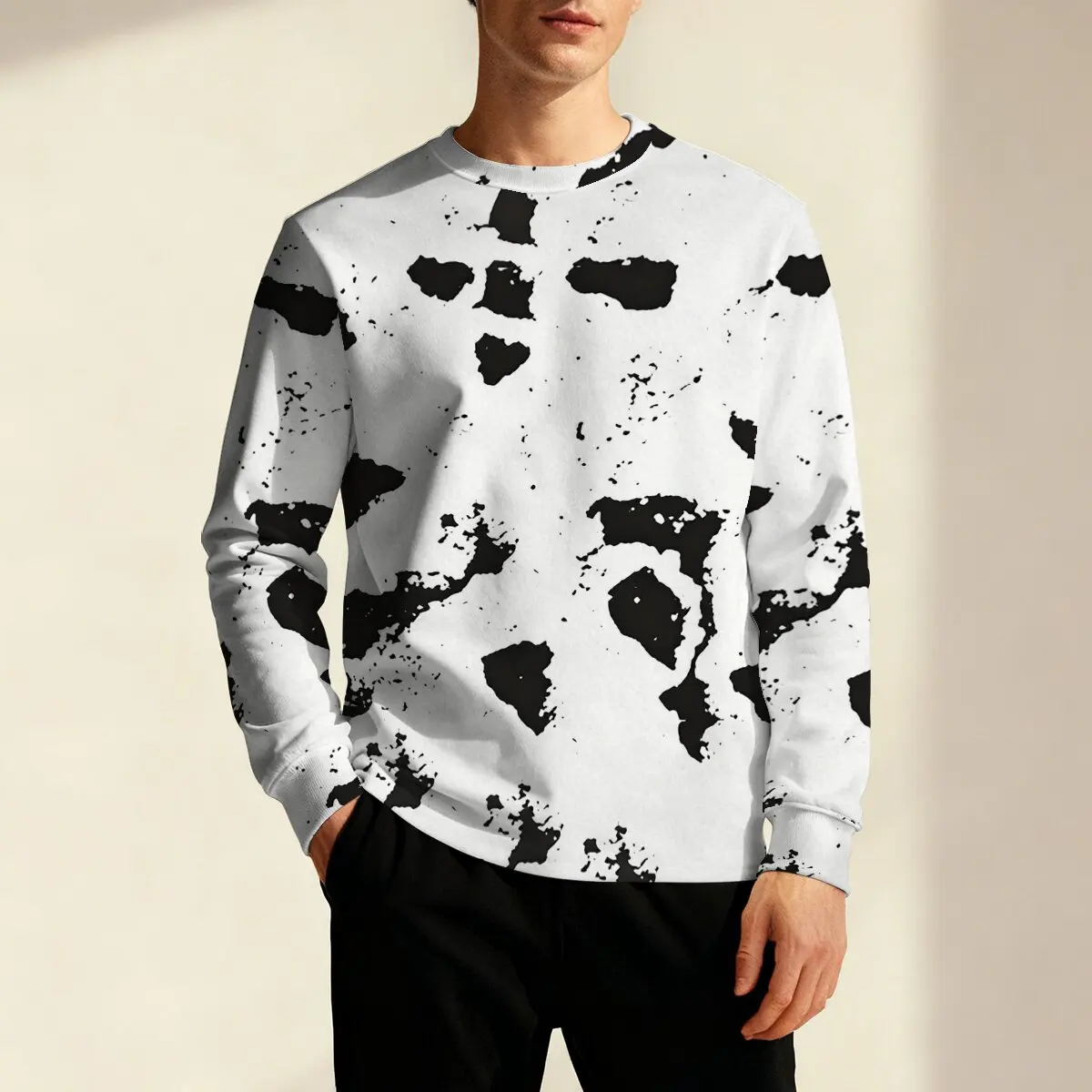

Minimally splashed ink printed men's long sleeved round neck sweatshirt for autumn and winter, fashionable and versatile top