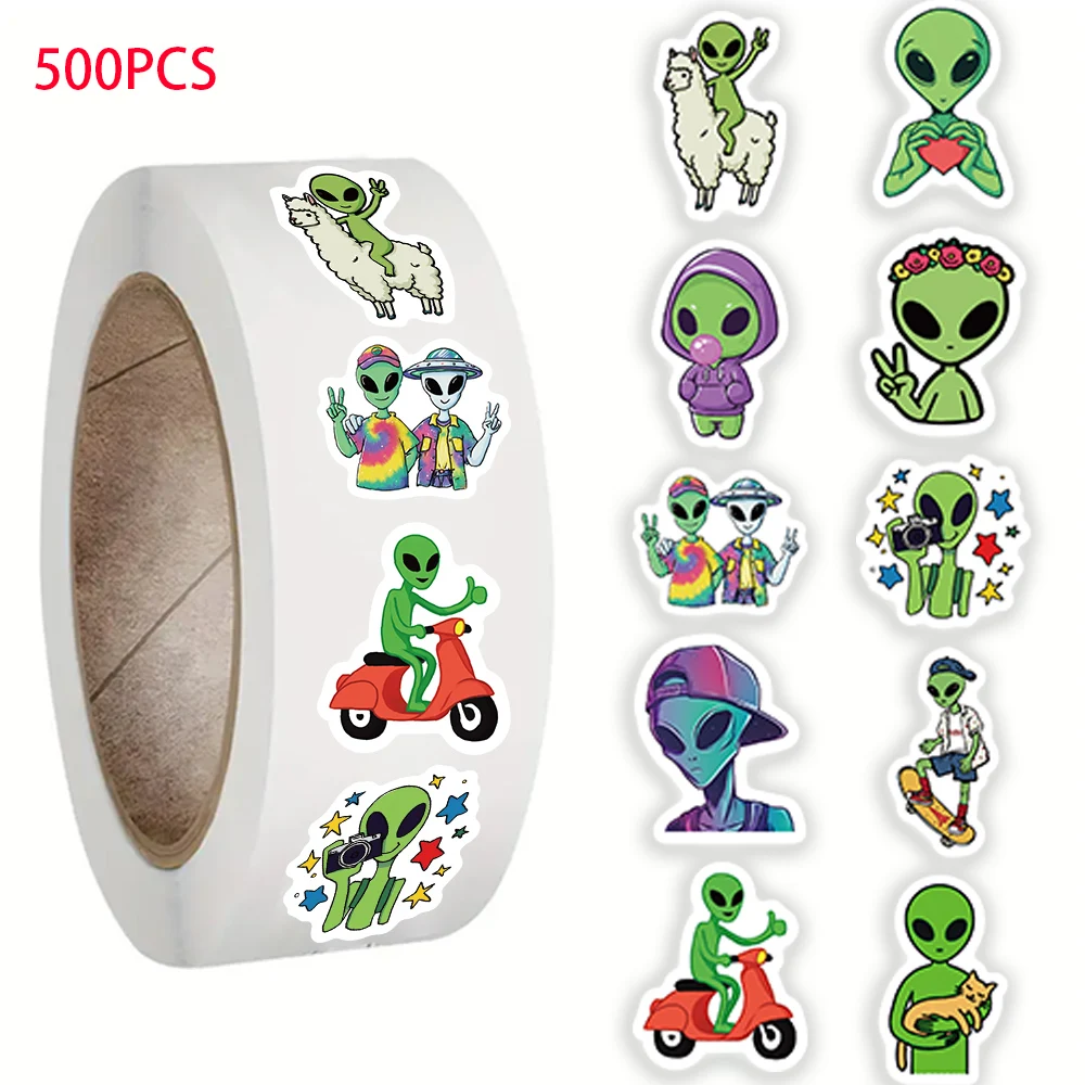 500 Sheets/Reel Alien Themed Fun & Cute Sticker Rolls for Notebook, Phone Case, iPad, and Creative Cartoons