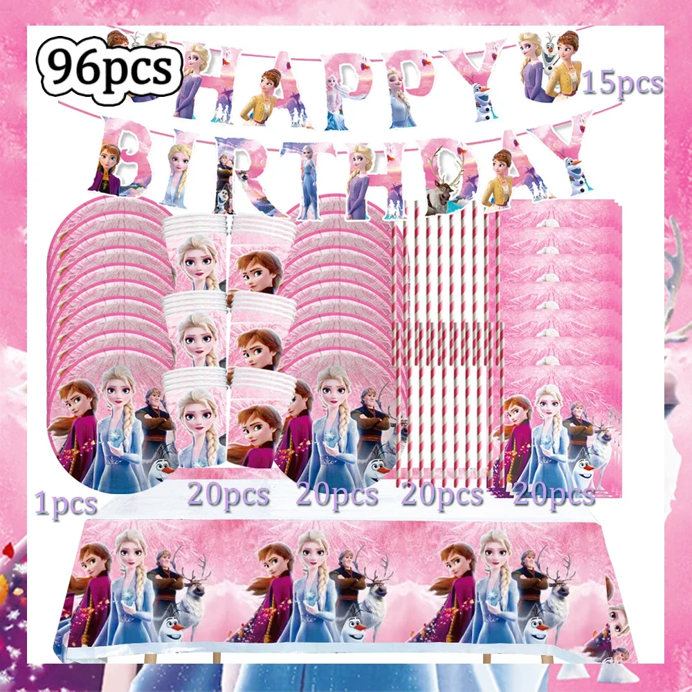 Disney Pink Frozen Theme Party Supplies Disposable Tableware Paper Cups Napkins Plates Banners Elsa And Anna Birthday Decoration