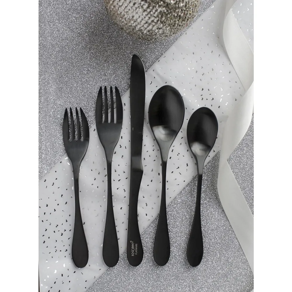 

5-Piece Matte Black Flatware Set with Titanium Coating - Ergonomic Design for Superior Comfort and Easy Cutting