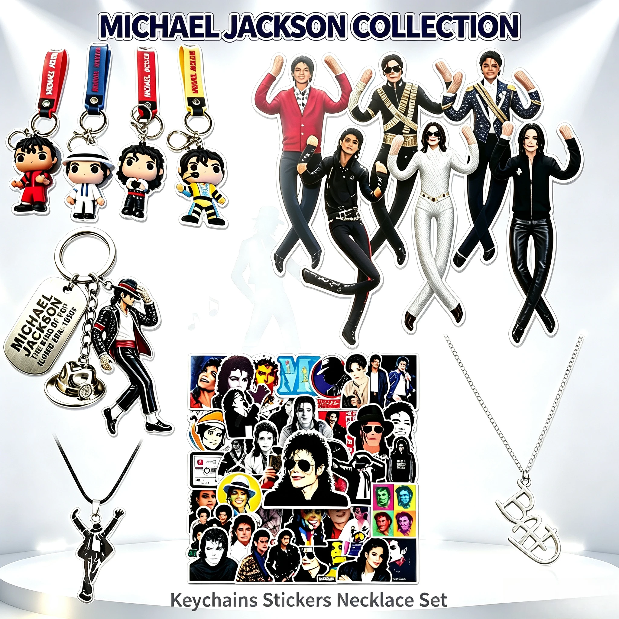 

2026 New Michael Jackson King of Pop Action Figure Doll, Punk Enamel Stickers, Pendant Necklace & Keychain Gift Set for Fans