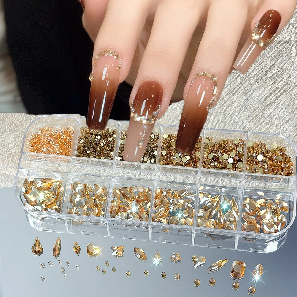 

12Grid Boxed Champagne Gold Diamond Nail Rhinestone Sparkle Flat Bottom Special-Shaped Nail Diamond square Heart Nail Jewelry