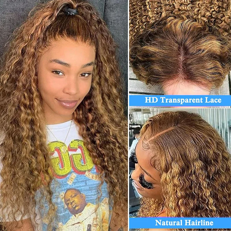 Медовый блондин Ombre 13x5 HD Прозрачный парик фронта шнурка |   Человеческие волосы, текстура глубокой волны, плотность 250%, 26 дюймов, предварительно выщипанные с B