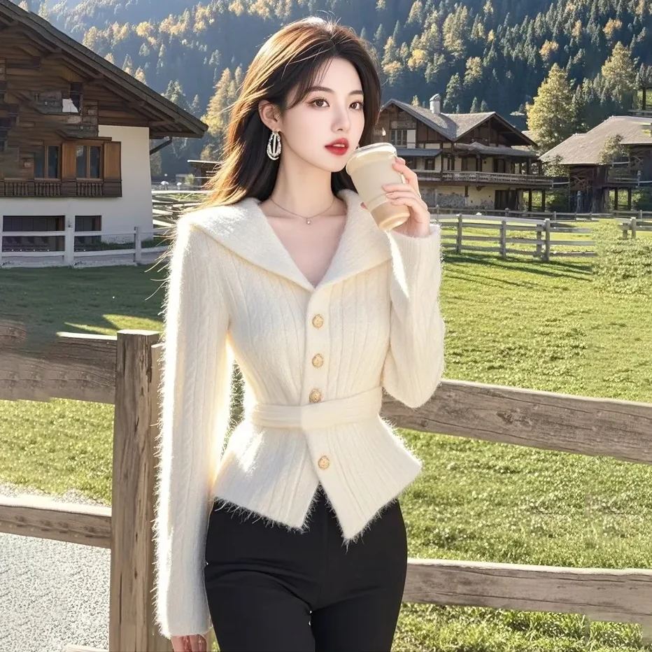 

Высококачественный супер красивый кардиган, свитер, женская верхняя одежда, зима 2029, новая мода, трикотажные топы с ленивыми лацканами на талии