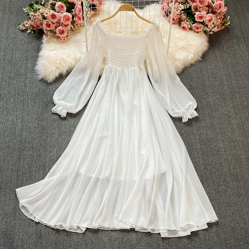 Nuove donne primavera autunno eleganti abiti da festa manica a sbuffo Slash Neck Off spalla Smocked abiti in Chiffon bianco