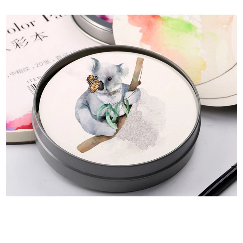 DORER Watercolor Paper Round Postcards  Portable Trave Rectangle Tin Box 24pcs 300g Cold Press Cotton Pulp Paper Acid-Free Books