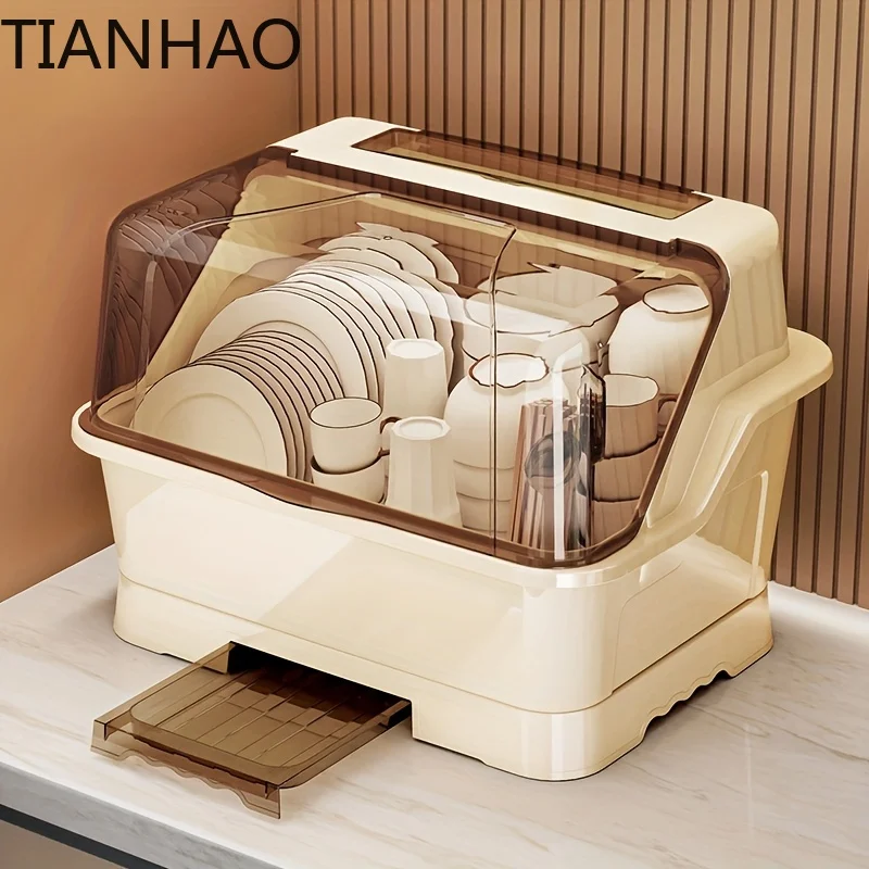 Covered Dish Rack - Space-saving, Dust-proof Kitchen Storage Cabinet, Cream Color, Multifunctional Cutlery Holder
