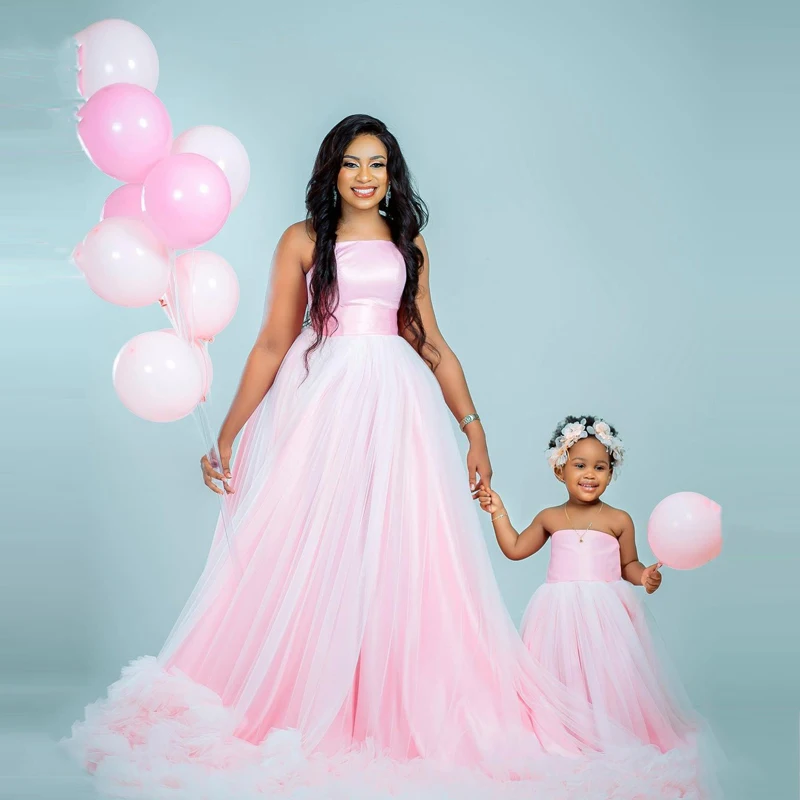 

Sweet Pink Strapless A Line Draped Tulle Long Dresses Mommy And Me Floor Length Sleeveless Birthday Party Dress For Photo Shoot