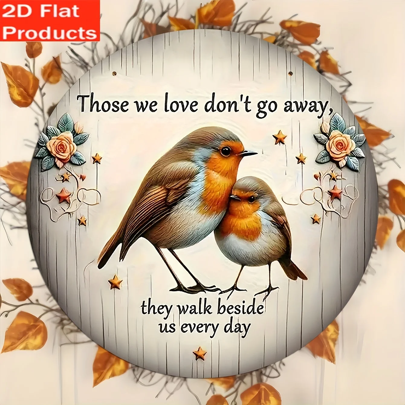 2D Flat, 1pc Vintage Wooden Memorial Plaque with Robin and Flower Design - 