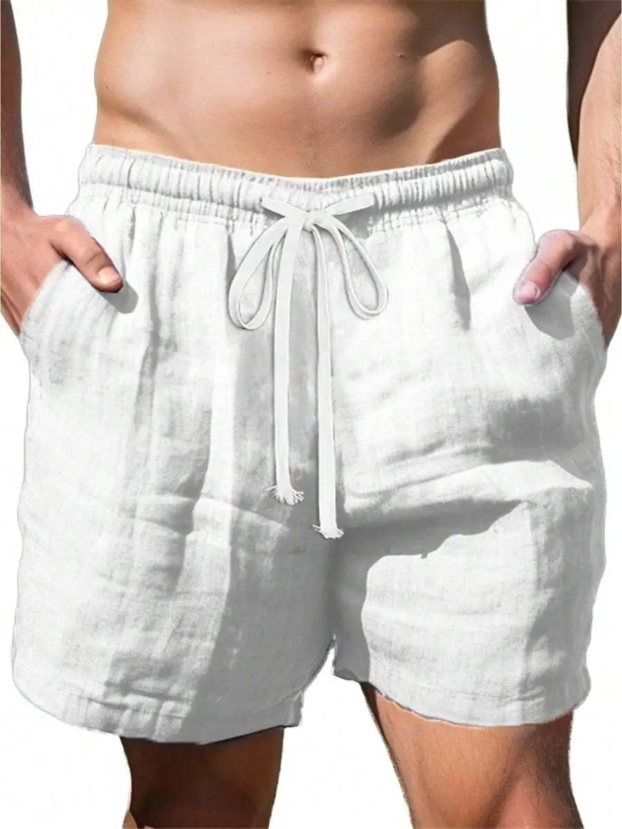 

Mens Linen Beach Shorts Solid Elastic Waist Drawstring With Pockets Casual Swim Trunks