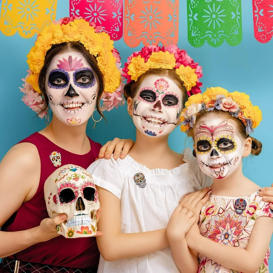 36 قطعة يوم الموتى الاكريليك بروش السكر الجمجمة تسمية دبابيس ضياء دي لوس Muertos زهرة الجمجمة عطلة بروش دبابيس للملابس با