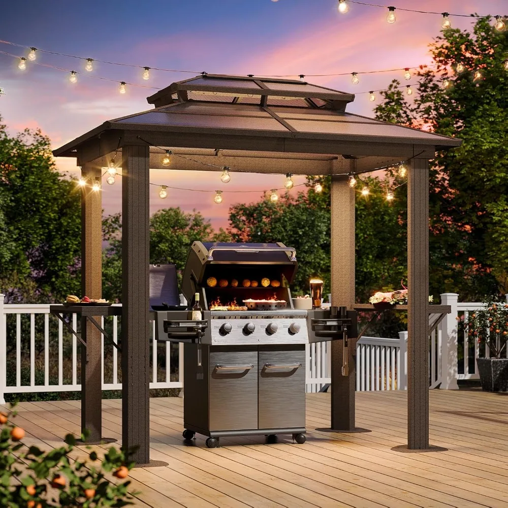 

Grill Gazebo 8 x 5FT, Aluminum BBQ Gazebo with Double Polycarbonate Top, Grill Canopy Hardtop with Shelves, Customized