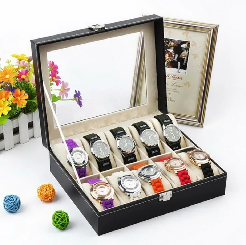 

10 Compartments High-grade Leather Watch Collection Storage Box Black